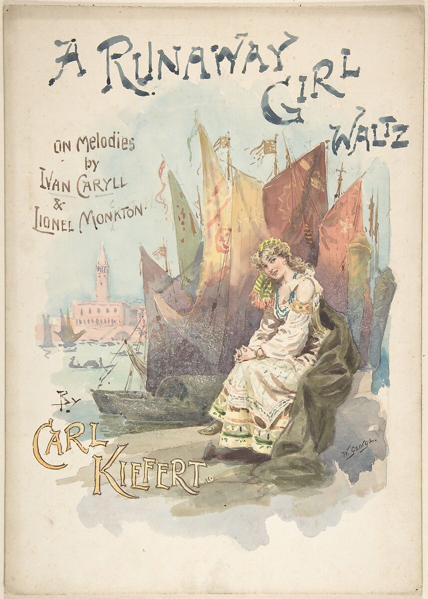 Design for music cover: A Runaway Girl Waltz, W. George (British, active late 19th century), Watercolor over graphite 