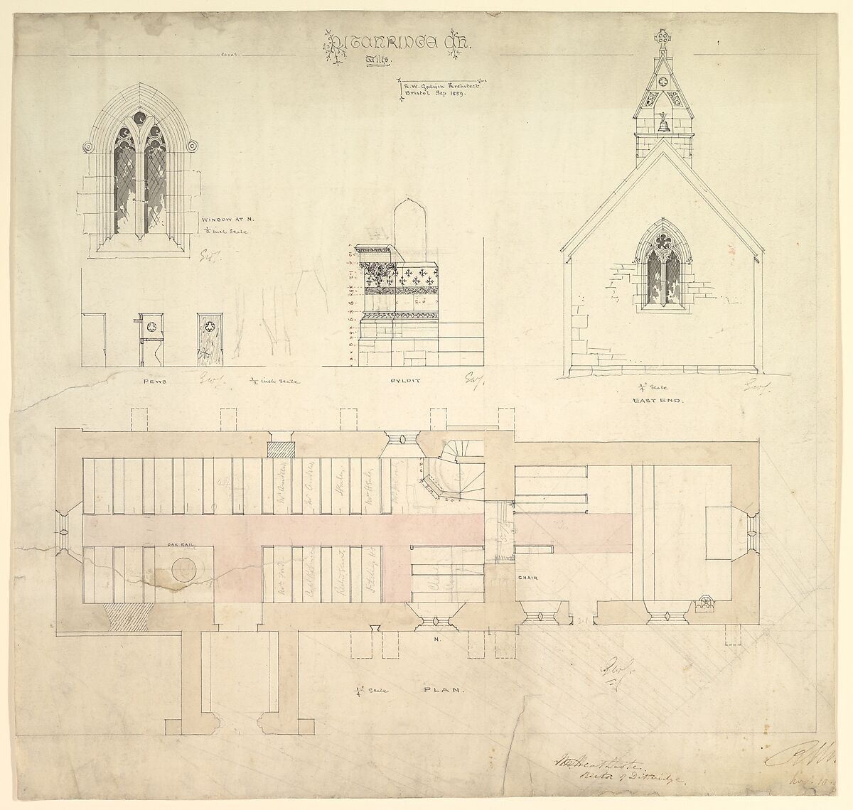 Designs for Ditteridge Church, Wiltshire, Edward William Godwin (British, Bristol 1833–1886 London), Pen and ink, brush and wash, watercolor, over graphite 