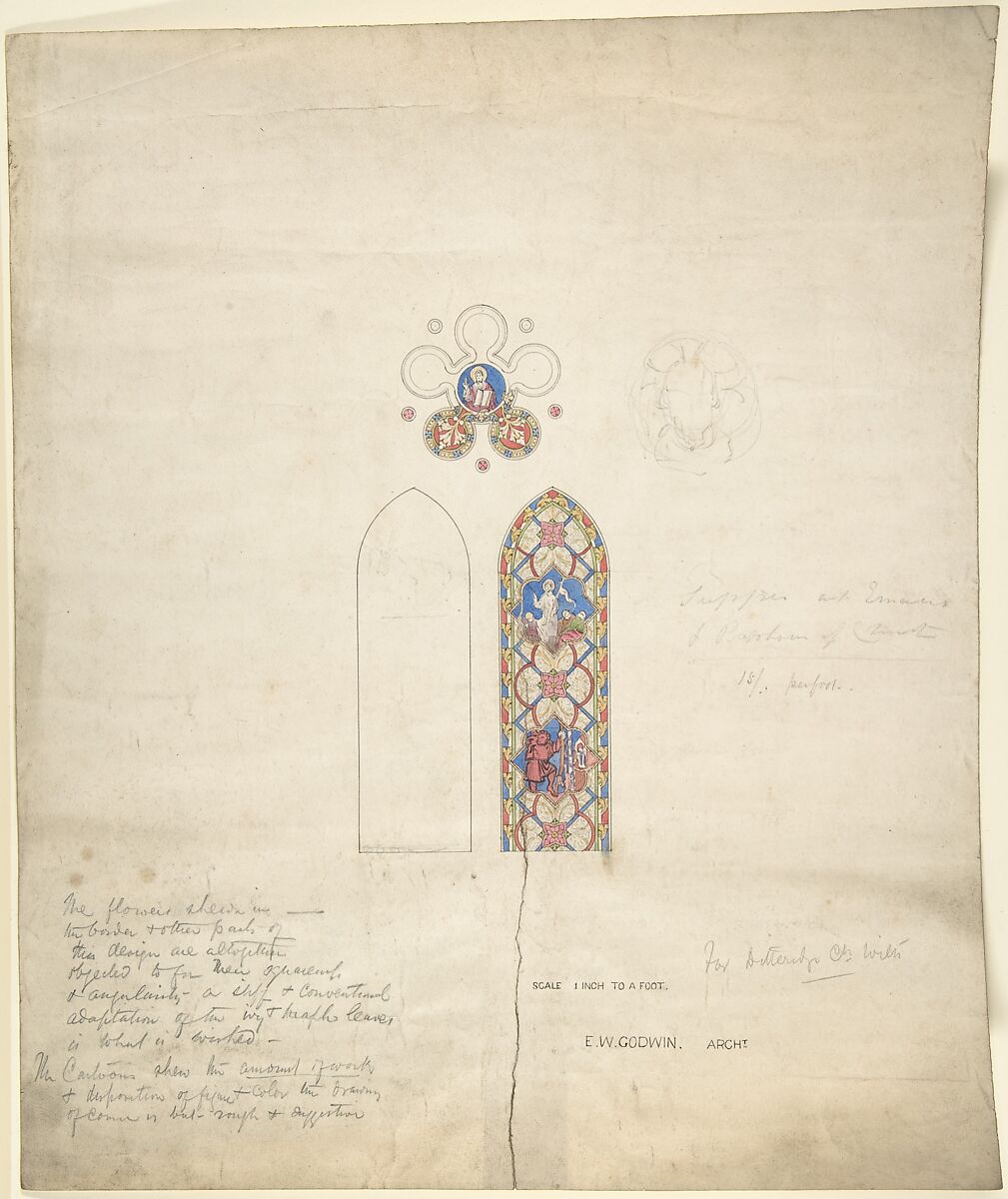 Design for stained glass windows in Ditteridge Church, Edward William Godwin (British, Bristol 1833–1886 London), Watercolor, pen and black ink, graphite 
