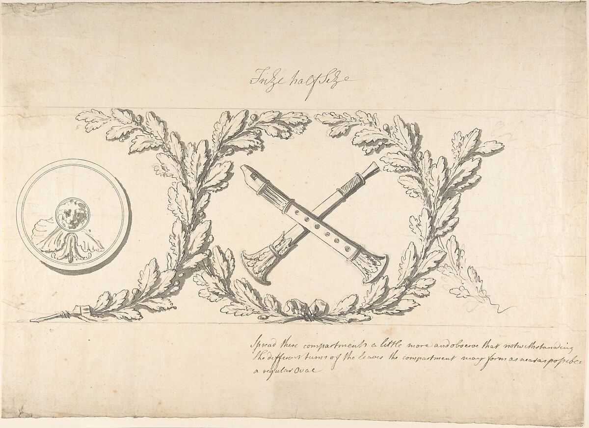 Design for a Frieze Ornamented with Musical Instruments, Attributed to Thomas Hardwick (British, London 1752–1829 London), Pen and ink, brush and wash 