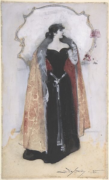 Woman in evening clothes and cape standing in front of mirror, Dudley Hardy (British, Sheffield, Yorkshire 1867–1922 London), Watercolor over graphite with touches of pastel 