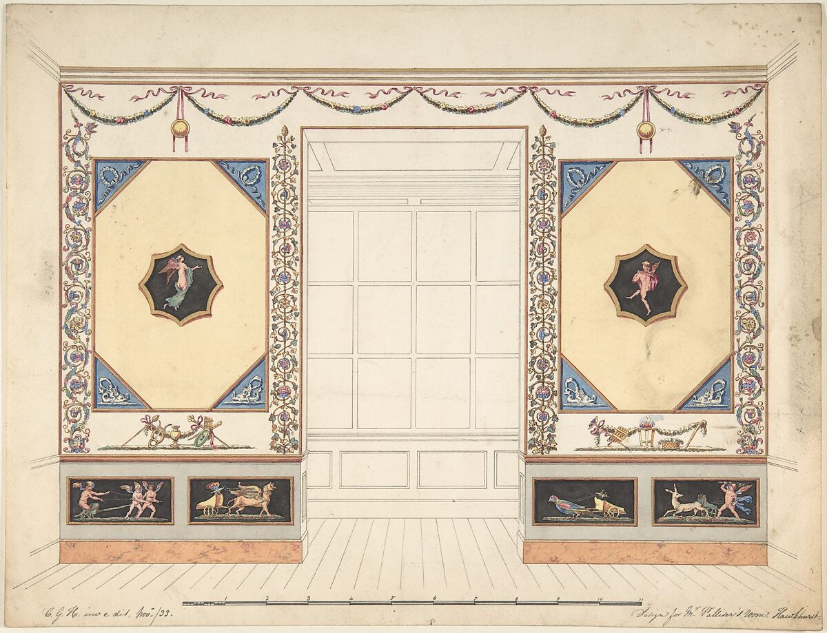 Design for a Room in the Etruscan or Pompeian style (Elevation), C. G. Hawkhurst (British, active 1830s), Pen and black ink, watercolor with touches of gold ink 