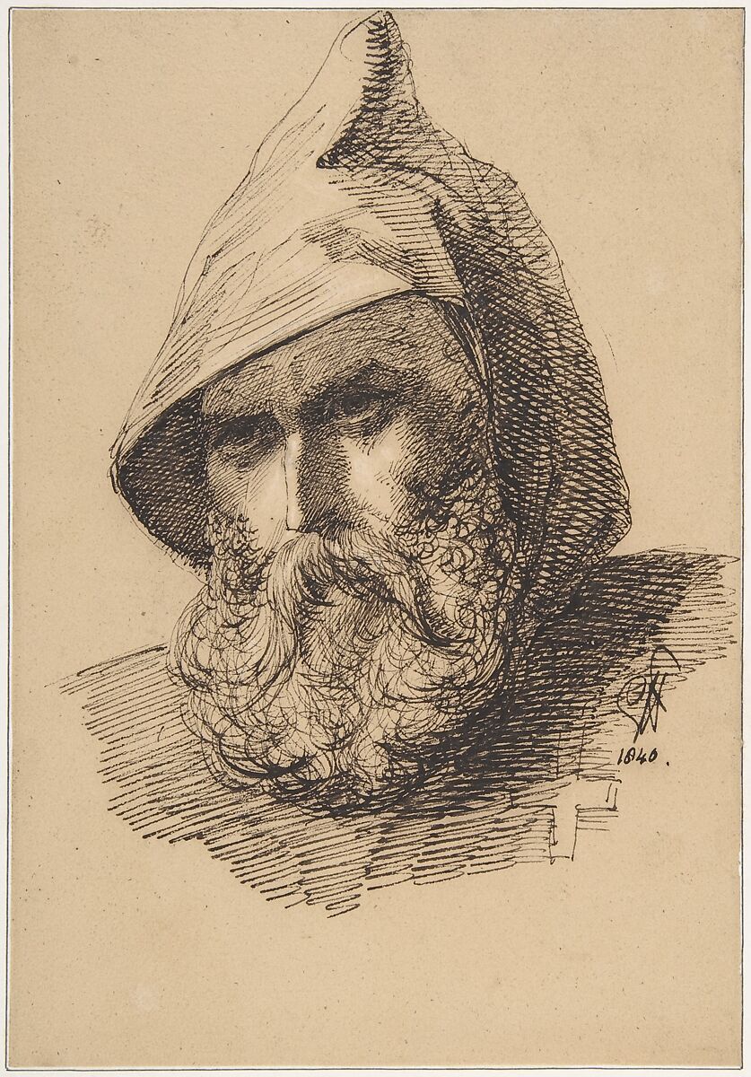 Head of a Male Pilgrim, Sir George Hayter (British, London 1792–1871 London), Pen and black ink 