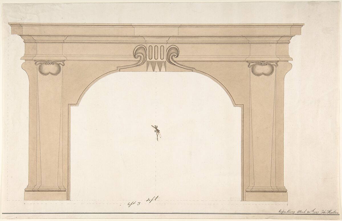 Design for a fireplace, Thomas Heiton (British, active 1827), Pen and black ink, brush and wash or watercolor 