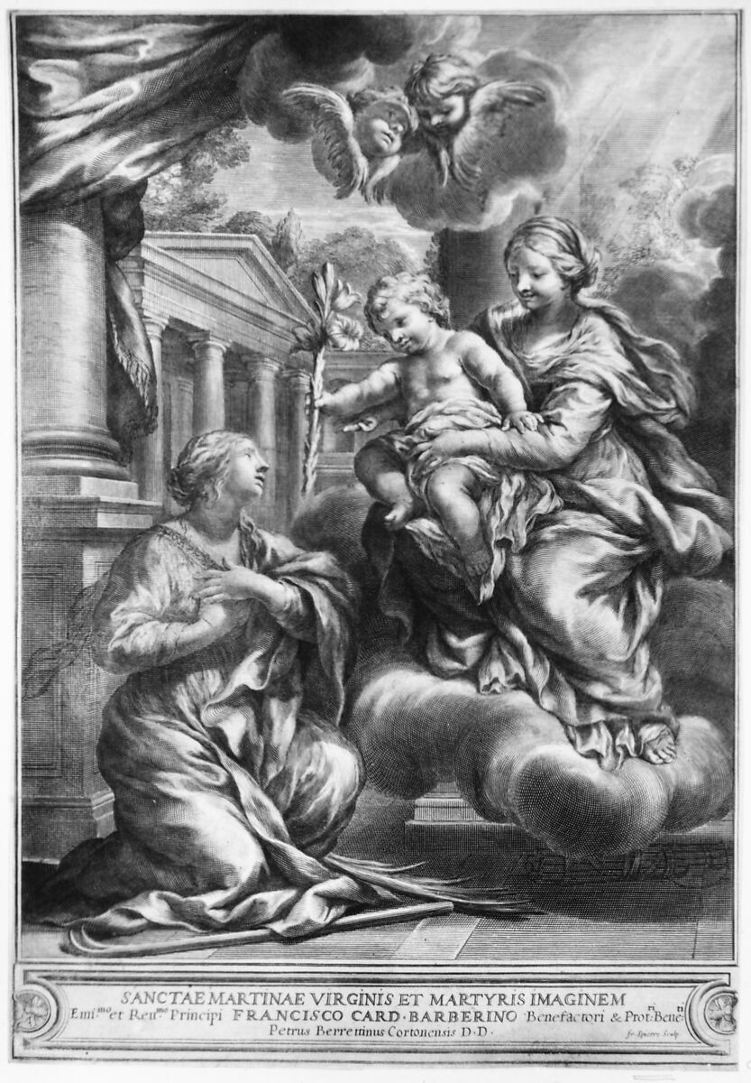 Saint Martina kneeling before the Virgin and Child, as the Child offers her a lily, François Spierre (French, Nancy 1639–1681 Marseilles), Engraving 