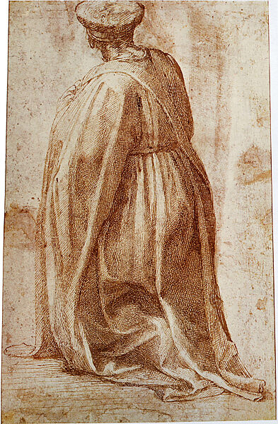 Three Standing Male Figures Probably After Masaccio's Sagra Frescoes (recto); Kneeling Male Figure (verso), Michelangelo Buonarroti (Italian, Caprese 1475–1564 Rome), Pen and two shades of brown ink (recto and verso) 