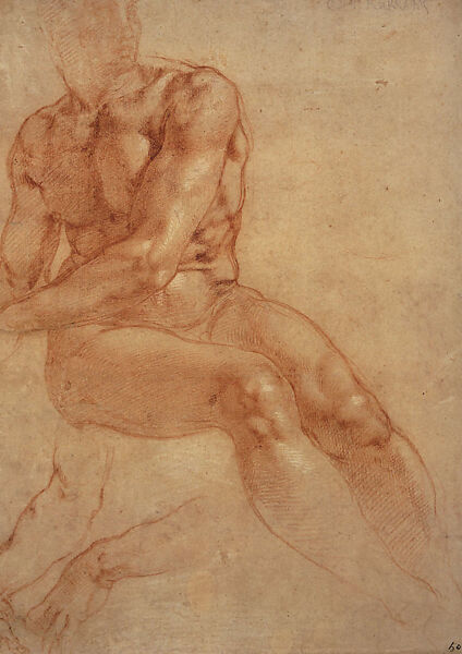 Studies of a Seated Male Nude (Ignudo) for the Sistine Ceiling (recto); Studies of Hands in Prayer (verso), Michelangelo Buonarroti (Italian, Caprese 1475–1564 Rome), Red chalk, brush and white gouache, over traces of stylus (recto); red chalk (verso). 