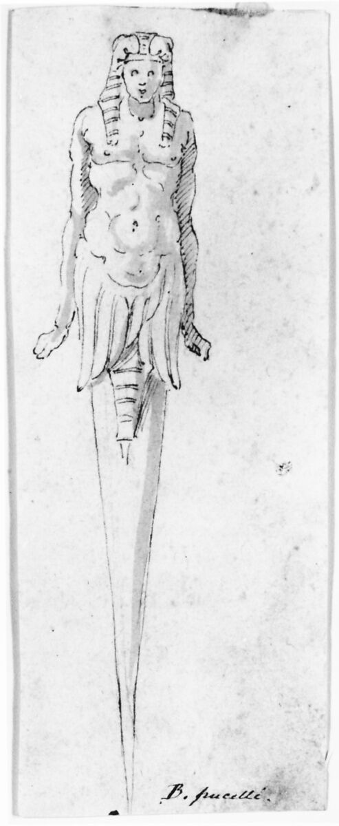 Design for Pointed Utensil with an Egyptian Style Figure on the Handle, Bernardino Poccetti (Italian, San Marino di Valdelsa 1548–1612 Florence), Pen and brown ink, brush and brown wash, over black chalk