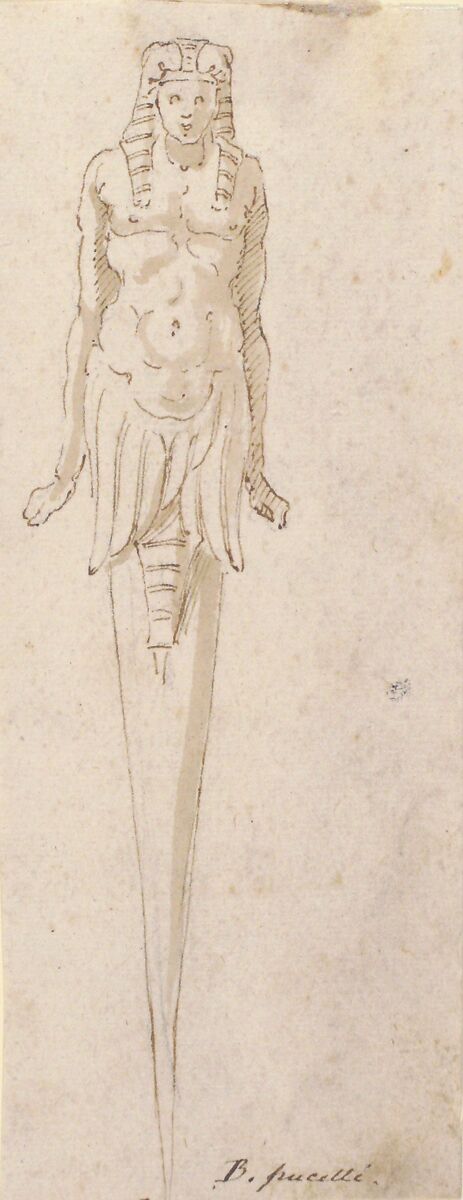 Design for Pointed Utensil with an Egyptian Style Figure on the Handle, Bernardino Poccetti (Italian, San Marino di Valdelsa 1548–1612 Florence), Pen and brown ink, brush and brown wash, over black chalk
