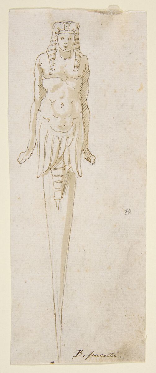 Design for Pointed Utensil with an Egyptian Style Figure on the Handle, Bernardino Poccetti (Italian, San Marino di Valdelsa 1548–1612 Florence), Pen and brown ink, brush and brown wash, over black chalk. 