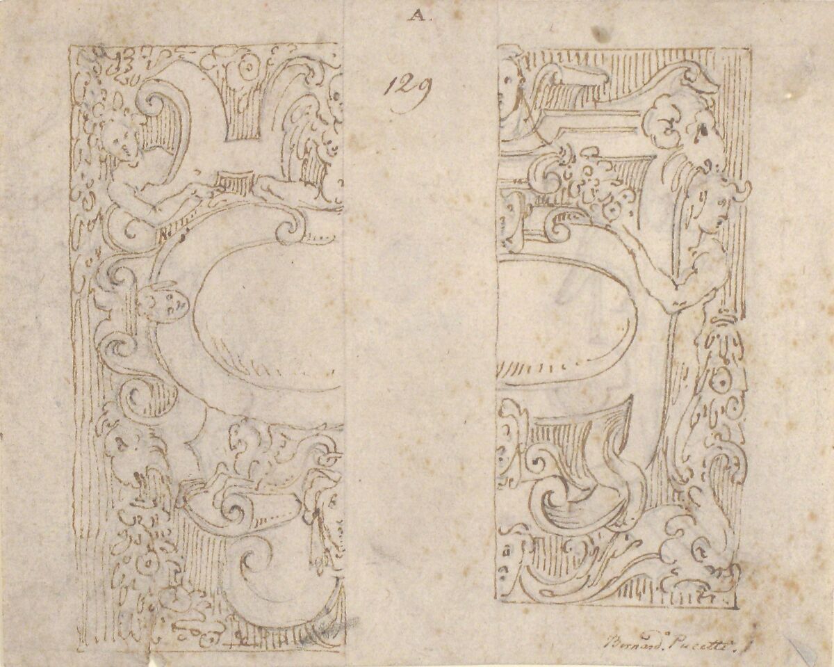 Designs for Cartouche (recto and verso), Ascribed to Bernardino Poccetti (Italian, San Marino di Valdelsa 1548–1612 Florence), Pen and brown ink, over leadpoint or black chalk