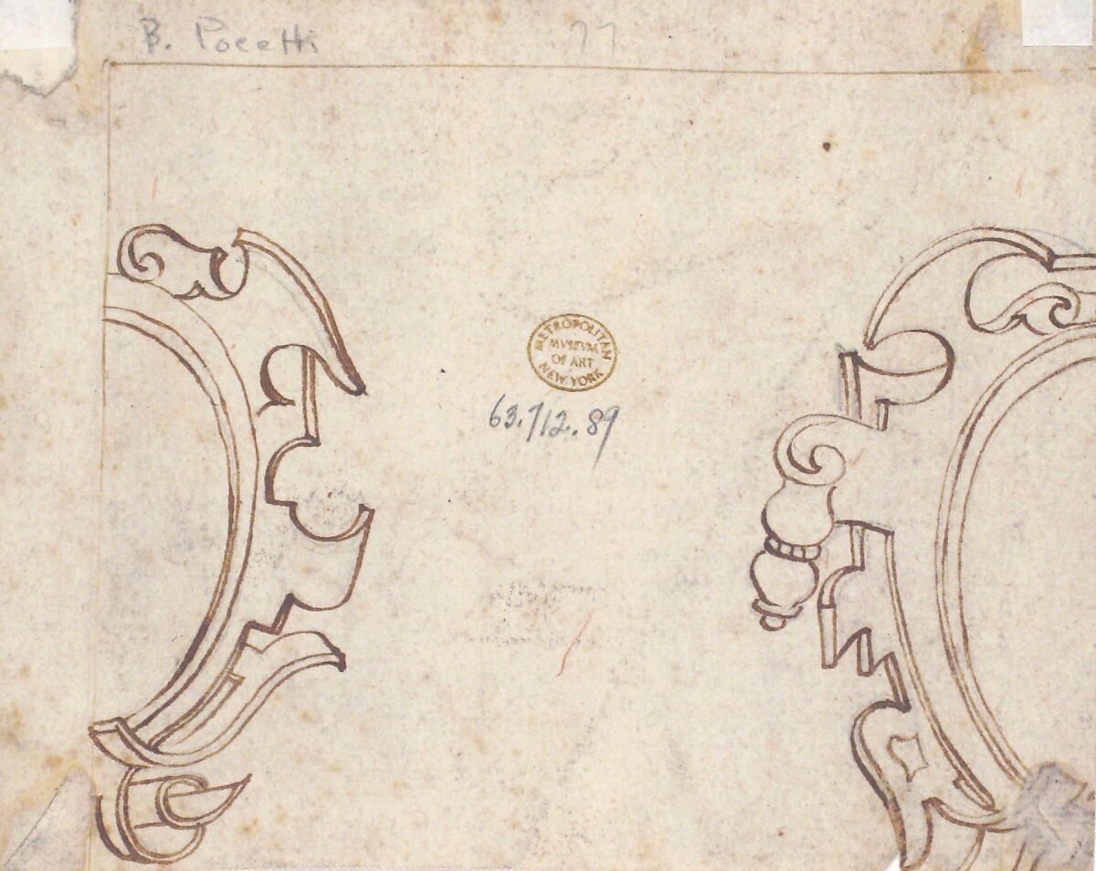 Designs for Cartouche (recto and verso), Ascribed to Bernardino Poccetti (Italian, San Marino di Valdelsa 1548–1612 Florence), Pen and brown ink, over leadpoint or black chalk