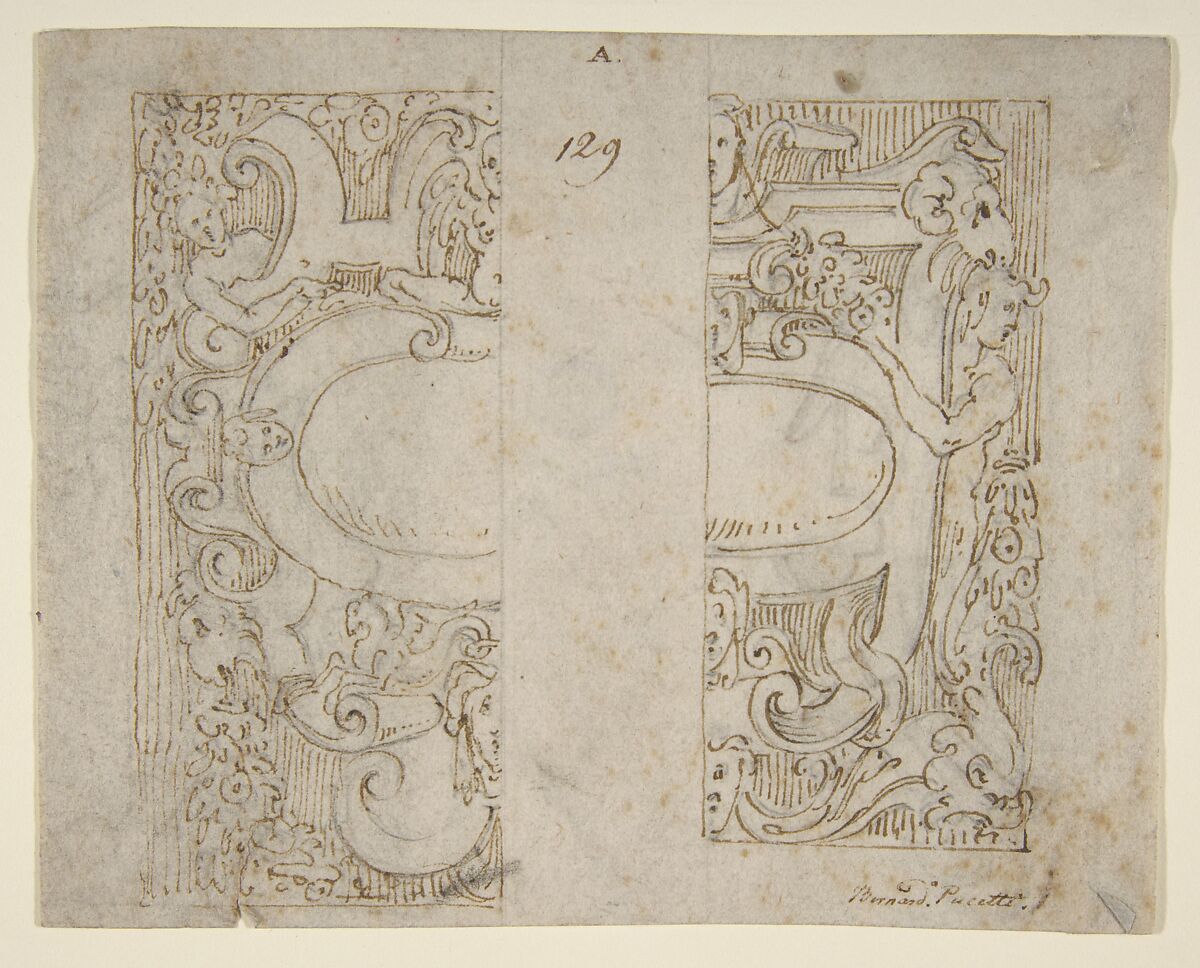 Designs for Cartouche (recto and verso), Ascribed to Bernardino Poccetti (Italian, San Marino di Valdelsa 1548–1612 Florence), Pen and brown ink, over leadpoint or black chalk. 