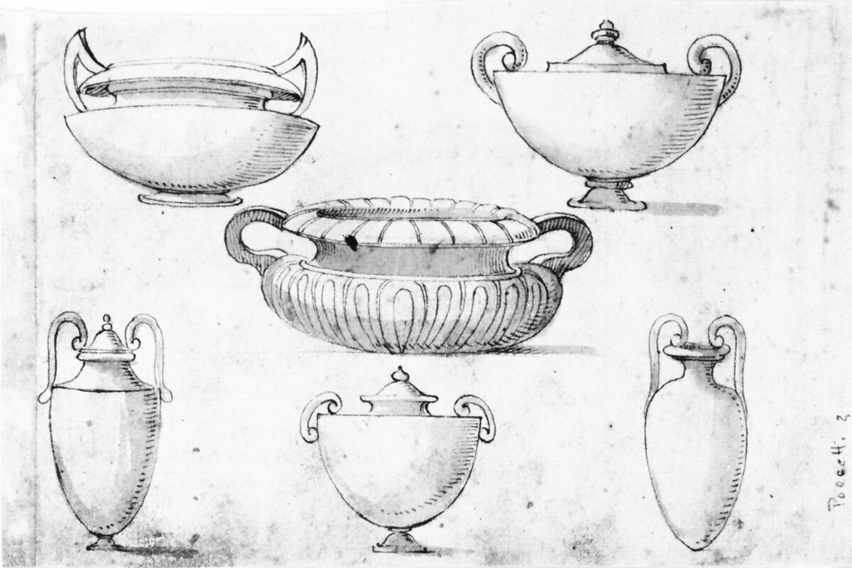 Ornamental Designs After Antique Vases, After Bernardino Poccetti (Italian, San Marino di Valdelsa 1548–1612 Florence), Pen and brown ink, brush and brown wash