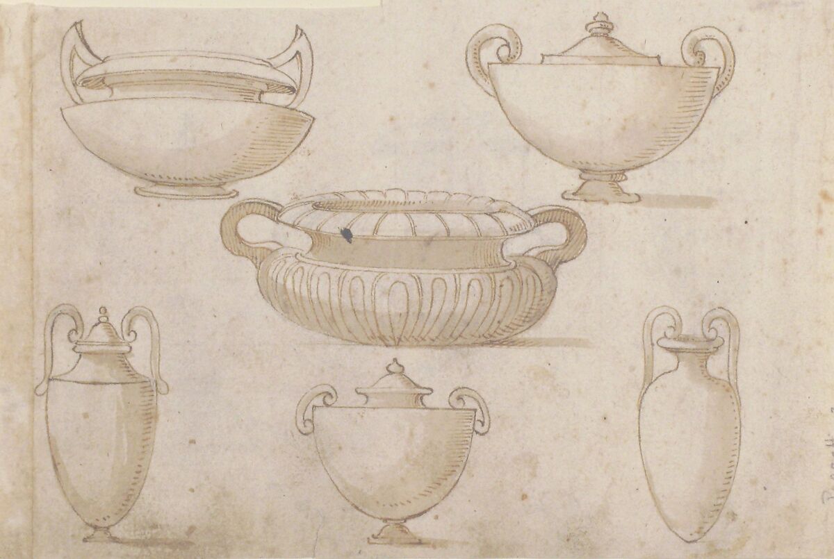 Ornamental Designs After Antique Vases, After Bernardino Poccetti (Italian, San Marino di Valdelsa 1548–1612 Florence), Pen and brown ink, brush and brown wash