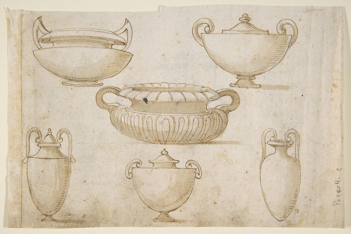 Ornamental Designs After Antique Vases, After Bernardino Poccetti (Italian, San Marino di Valdelsa 1548–1612 Florence), Pen and brown ink, brush and brown wash. 