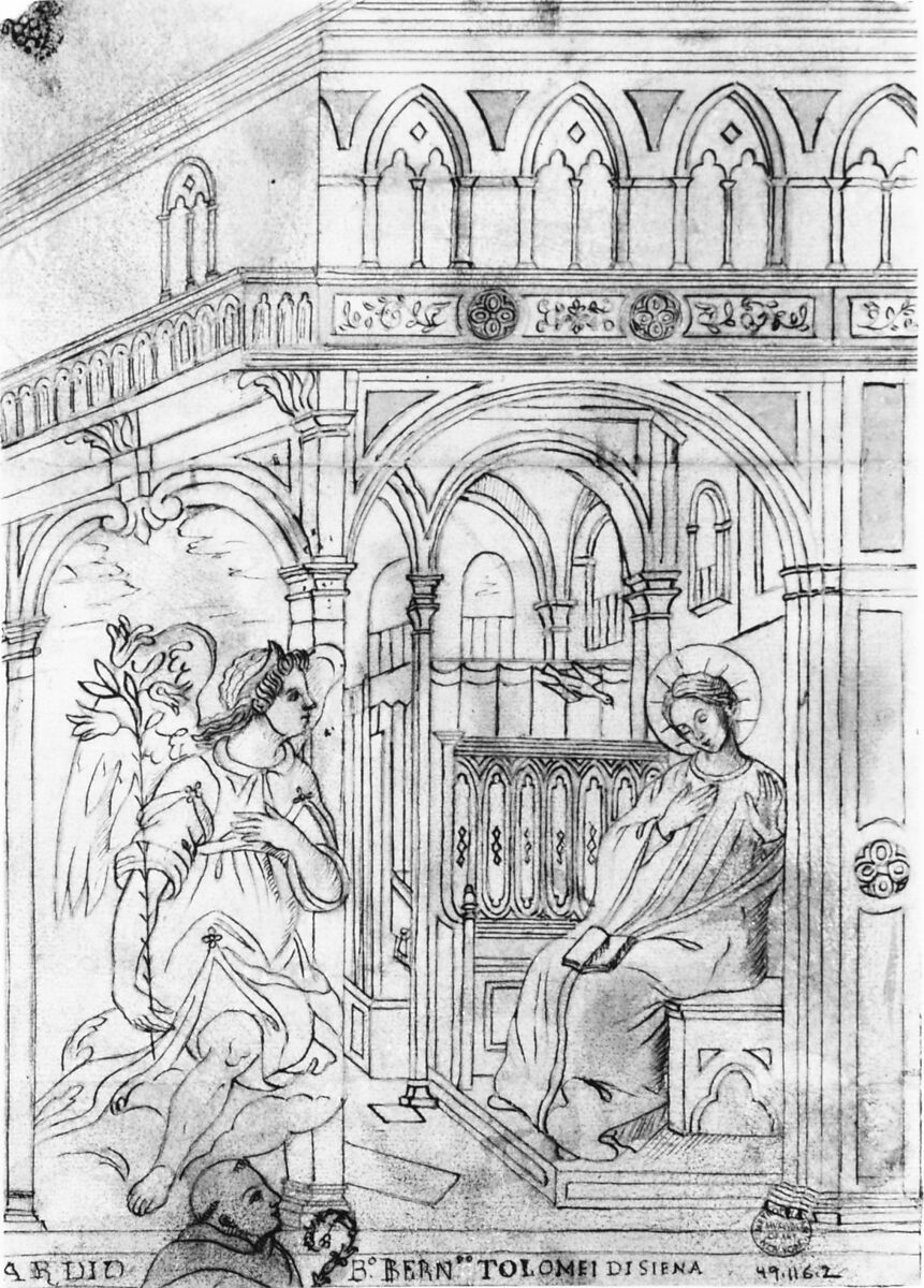 Annunciation with Beato Bernardo Tolomei di Siena, Anonymous, Italian, 19th century  , copy after 16th century, Pen with brown and black inks, brush and brown wash, over graphite; outlines selectively pricked and incised with a stylus; verso has been blackened with black chalk.
