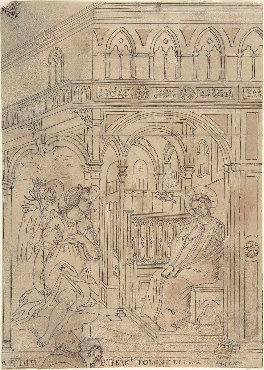 Annunciation with Beato Bernardo Tolomei di Siena, Anonymous, Italian, 19th century  , copy after 16th century, Pen with brown and black inks, brush and brown wash, over graphite; outlines selectively pricked and incised with a stylus; verso has been blackened with black chalk. 