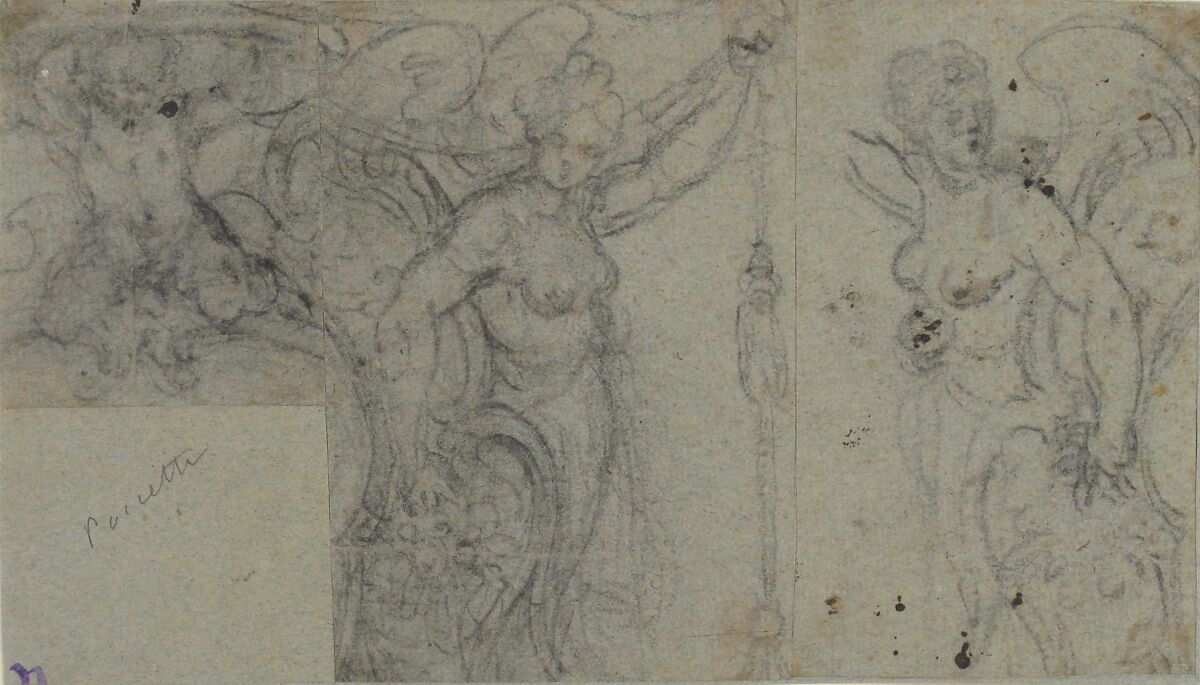 Design with Two Winged Female Figures and a Putto, Bernardino Poccetti (Italian, San Marino di Valdelsa 1548–1612 Florence), Charcoal