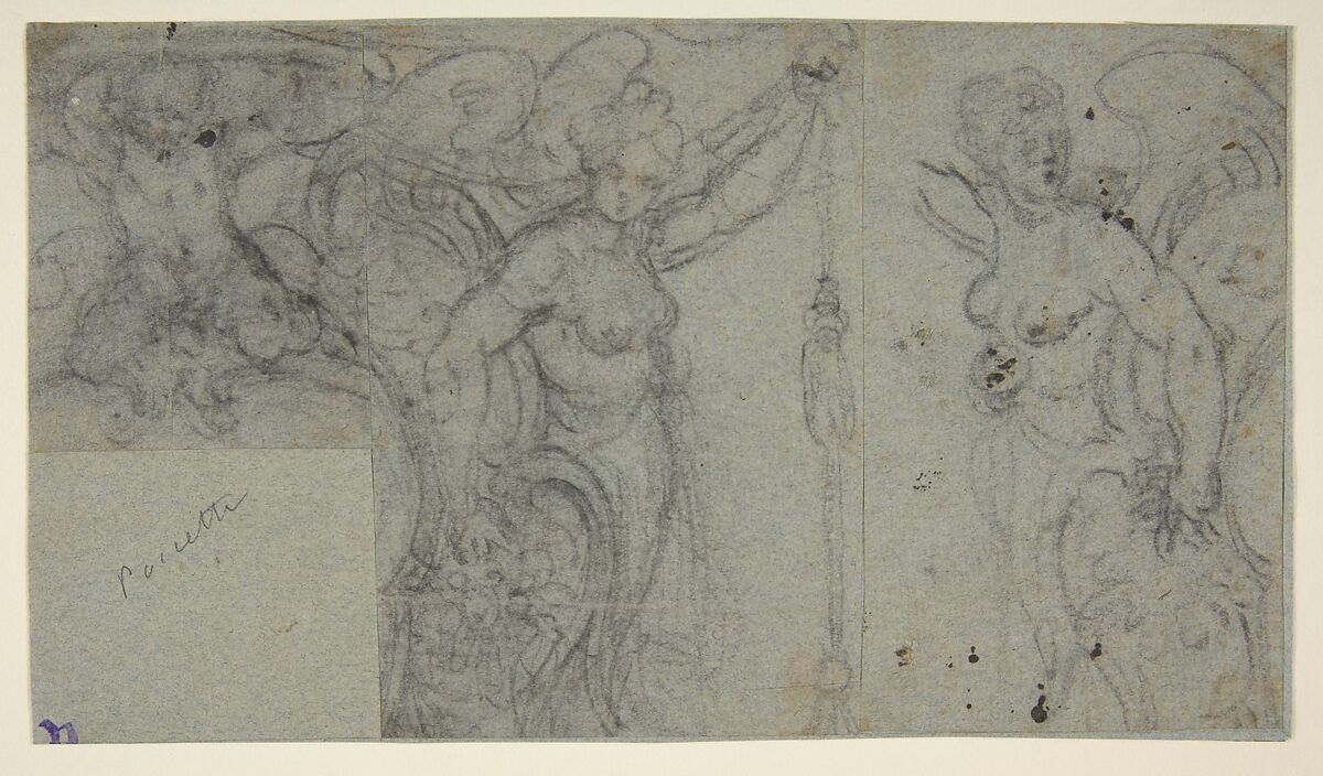 Design with Two Winged Female Figures and a Putto, Bernardino Poccetti (Italian, San Marino di Valdelsa 1548–1612 Florence), Charcoal on blue paper faded blue-gray 