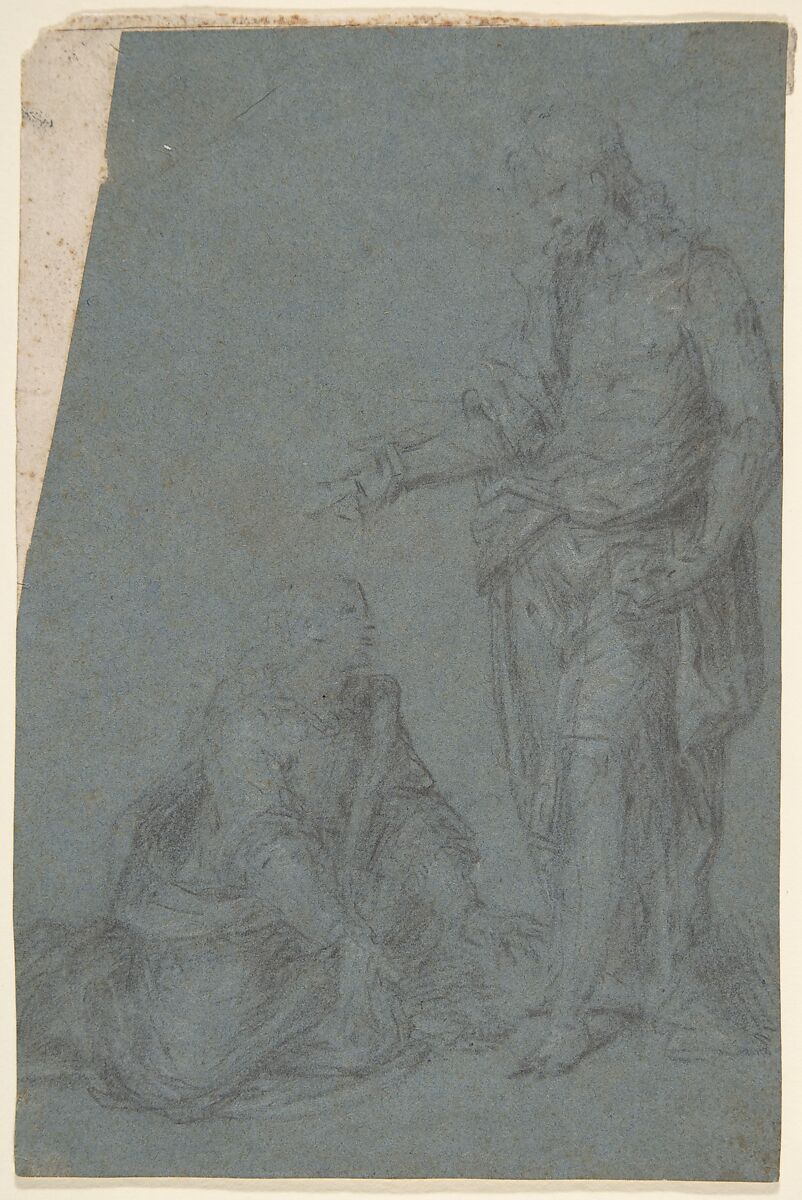 Noli me tangere, Anonymous, Italian, Florentine, 16th century, Black chalk, highlighted with white chalk, on blue paper 