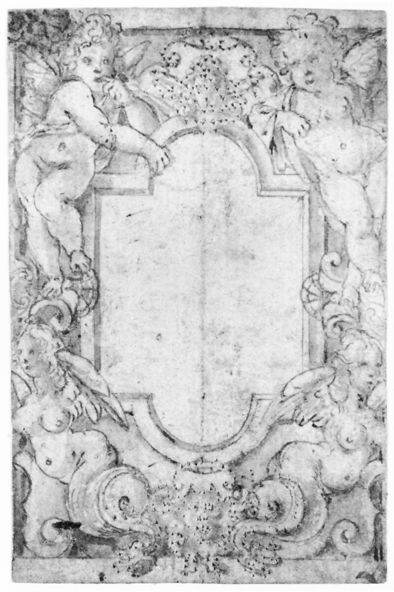 Design for a Frame with Putti and Sirens, Anonymous, Italian, second half of the 16th century, Pen and brown ink, brush and brown wash, over black chalk; selectively pricked for transfer