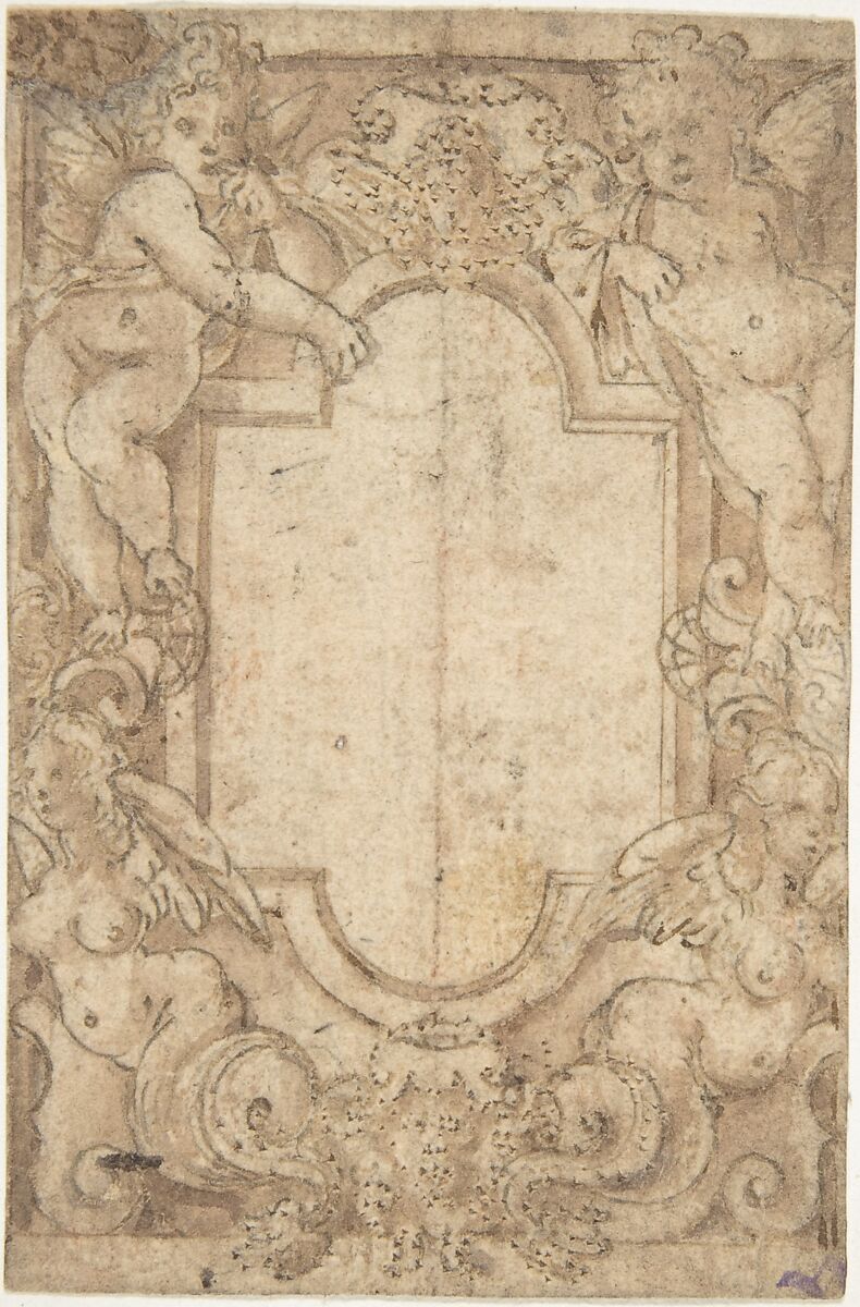 Design for a Frame with Putti and Sirens, Anonymous, Italian, second half of the 16th century, Pen and brown ink, brush and brown wash, over black chalk; selectively pricked for transfer. 
