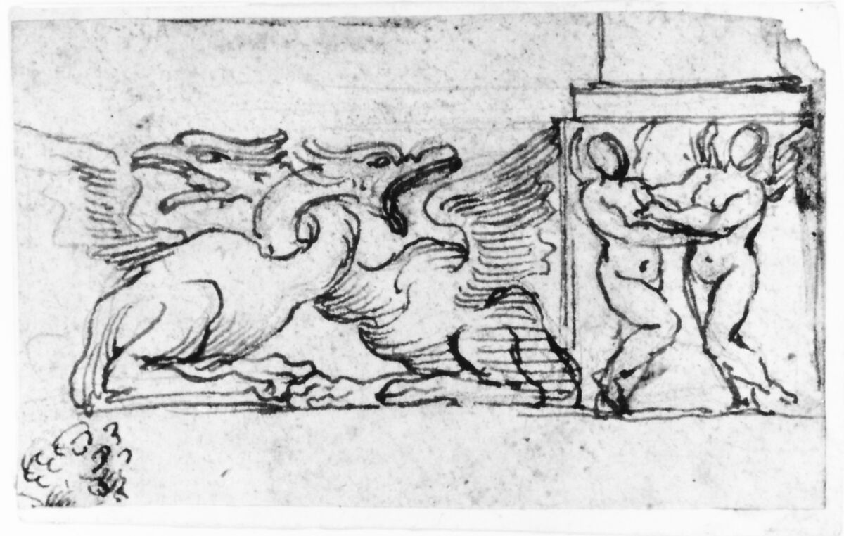 Ornamental Design of Winged Female Figures and Dragons, Anonymous, Italian, 17th century, Pen and brown ink, over leadpoint or black chalk