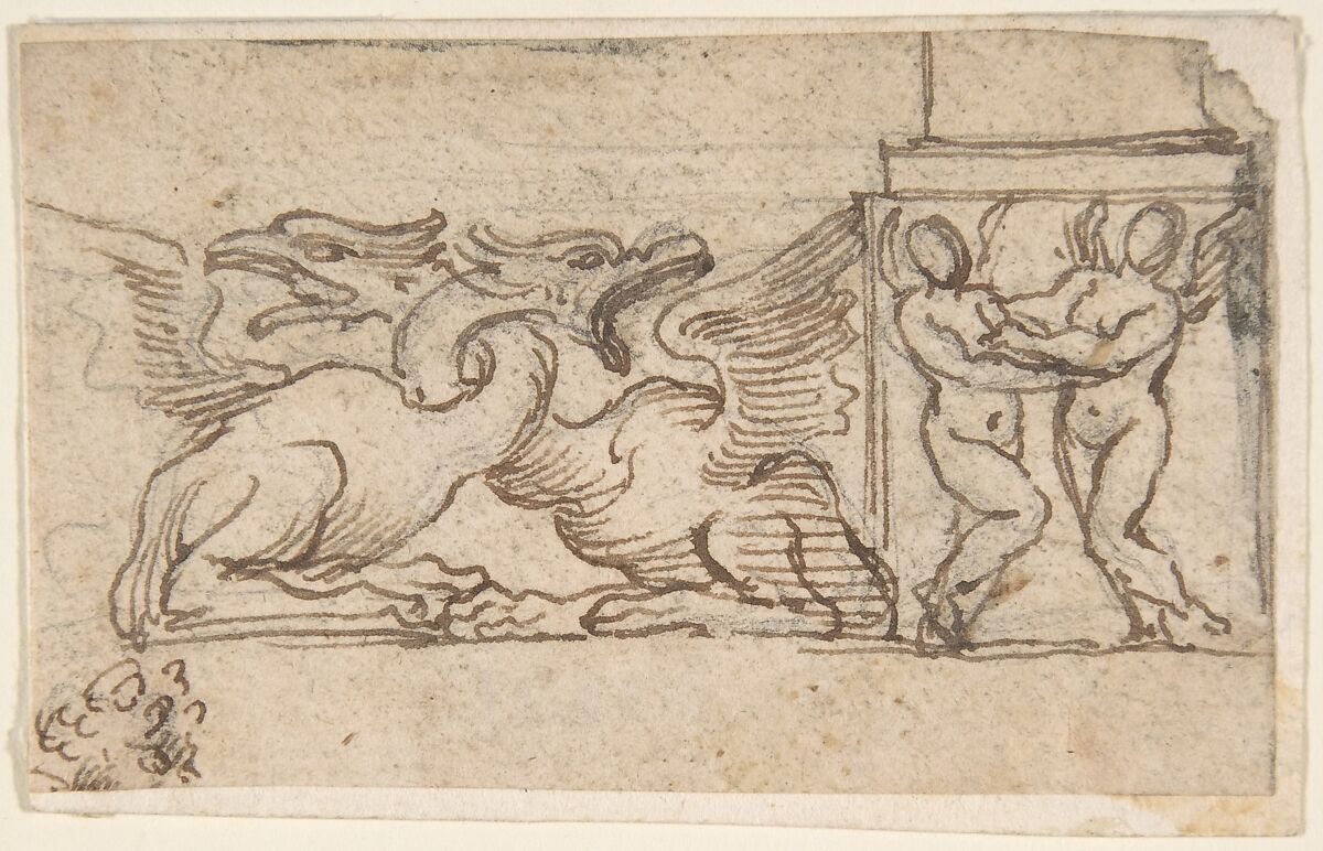 Ornamental Design of Winged Female Figures and Dragons, Anonymous, Italian, 17th century, Pen and brown ink, over leadpoint or black chalk. 