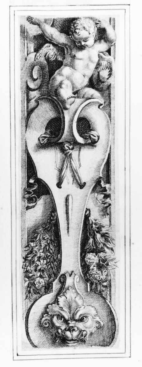 Ornamental Border with a Putto, Scroll, Mask, and Floral Garland, Anonymous, Italian, 17th century, Pen and brown ink, over leadpoint or black chalk