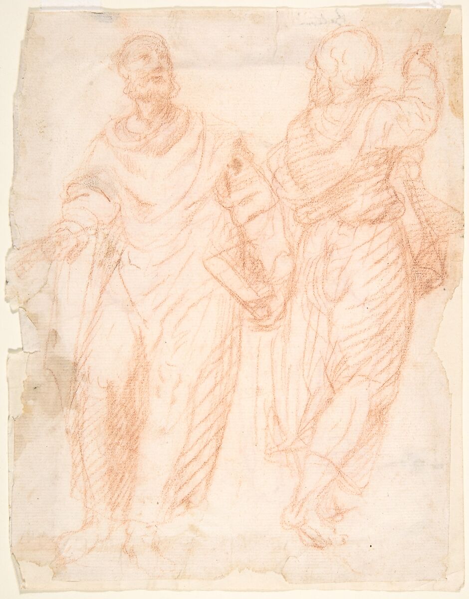 Two standing male figures (recto); two standing male figures (verso), Anonymous, Italian, 17th century, Red chalk. 