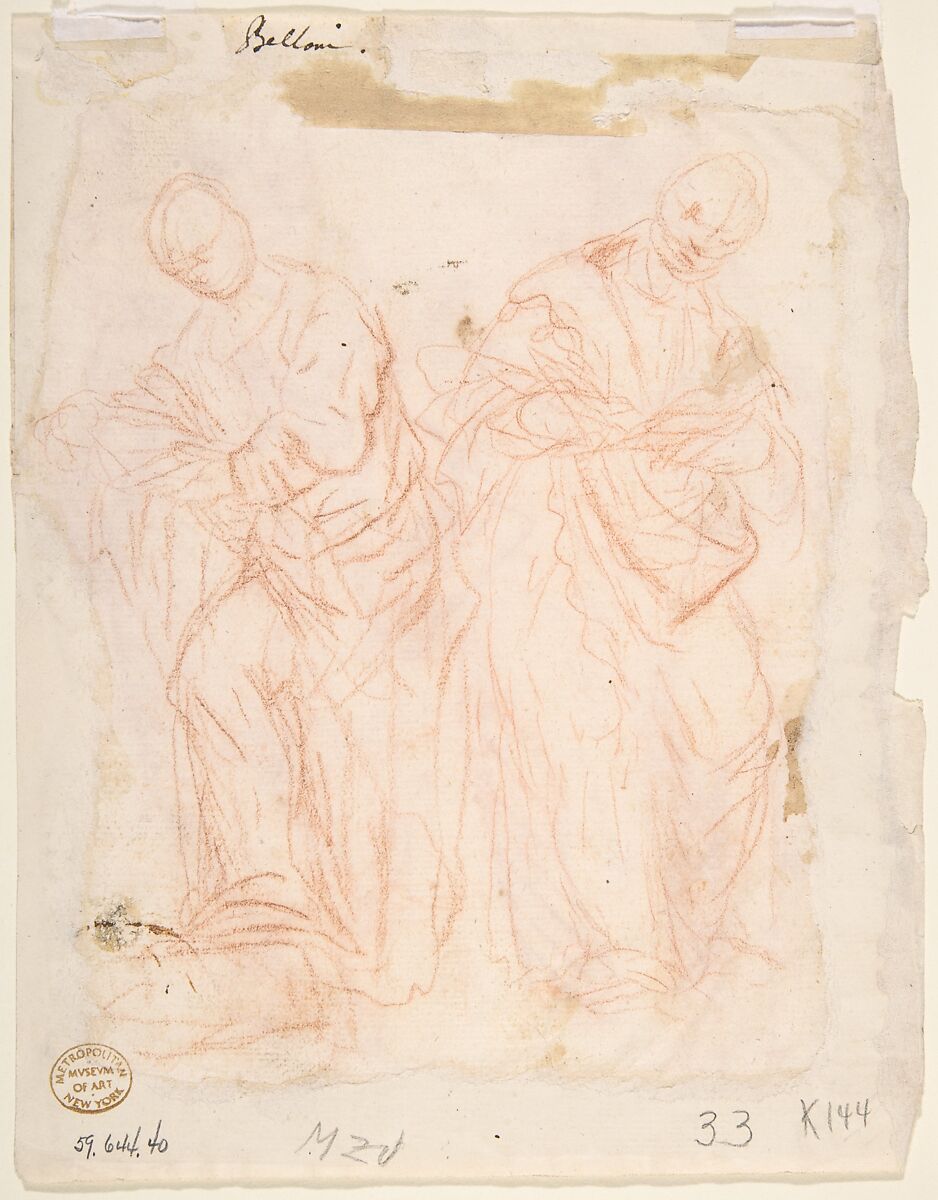 Two standing male figures (recto); two standing male figures (verso), Anonymous, Italian, 17th century, Red chalk