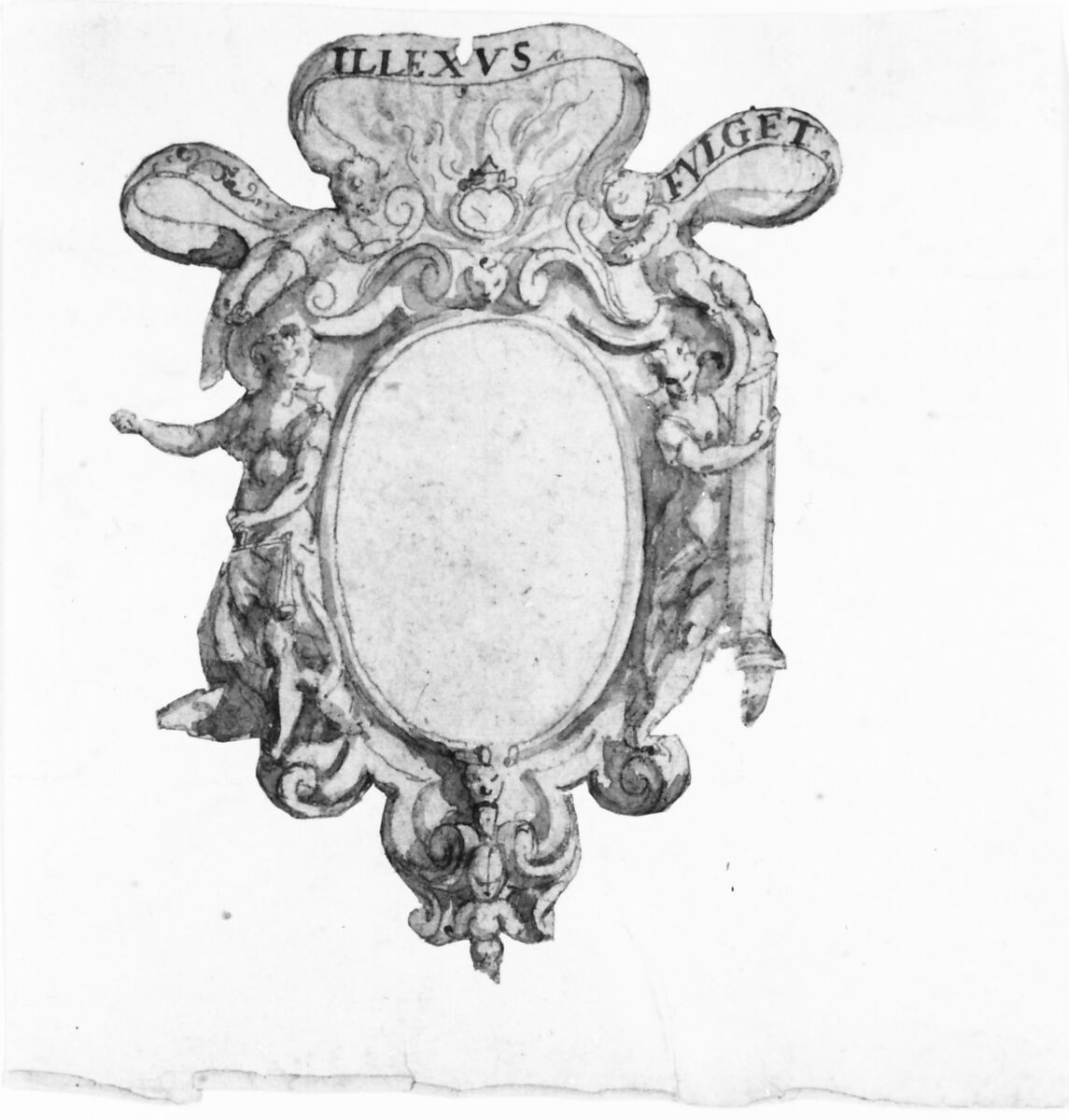 Design for a Coat of Arms Surmounted by a Ring with Allegorical Figures of Justice and Fortitude, Anonymous, Italian, 16th to 17th century, Pen and brown ink, brush and brown wash, over black chalk underdrawing