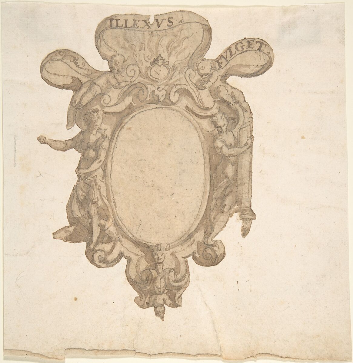 Design for a Coat of Arms Surmounted by a Ring with Allegorical Figures of Justice and Fortitude, Anonymous, Italian, 16th to 17th century, Pen and brown ink, brush and brown wash, over black chalk underdrawing 