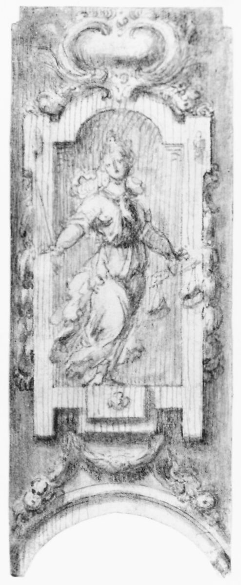 Design for the Decoration over an Arch with the Personification of Justice, Anonymous, Italian, Pen and brown ink, brush with gray and brown wash, over black chalk