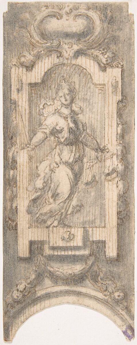 Design for the Decoration over an Arch with the Personification of Justice, Anonymous, Italian, Pen and brown ink, brush with gray and brown wash, over black chalk. 