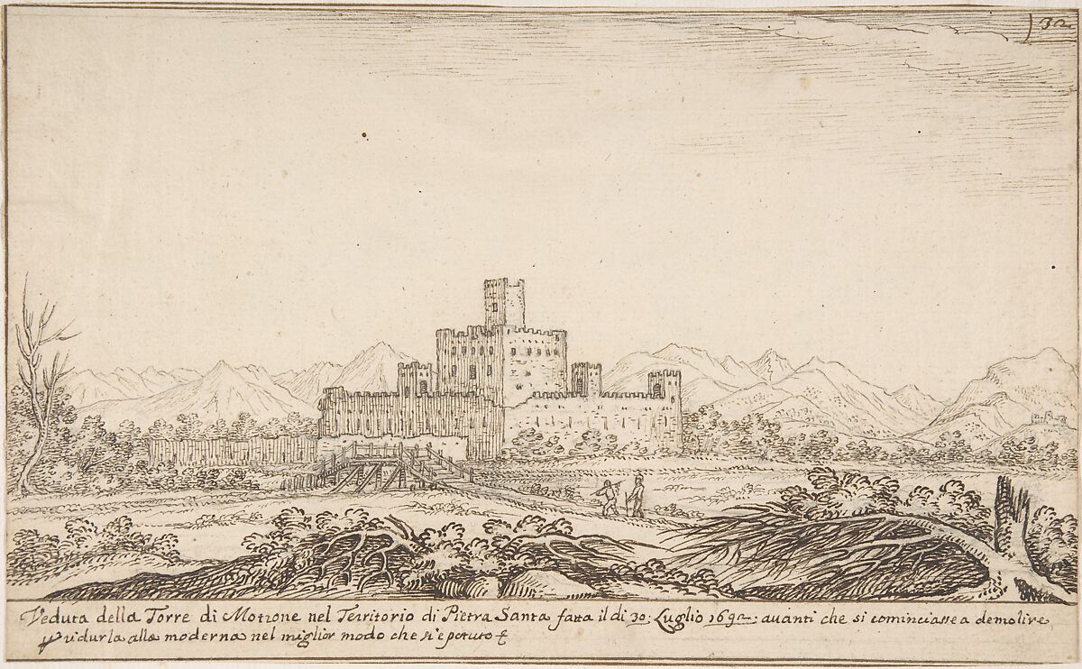 View of Motrone Castle (before its demolition around 1692), Attributed to Giovanni Francesco Grimaldi (Italian, Bologna 1606–1680 Rome), Pen and brown ink over leadpoint 