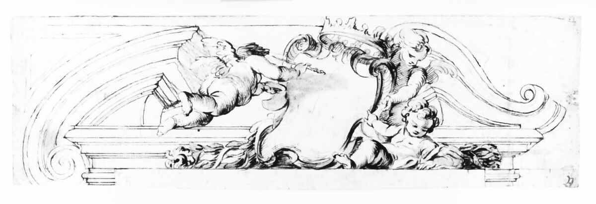 Design for a Pediment with Putti and a Blank Escutcheon, Anonymous, Italian, Piedmontese, 18th century, Pen and brown ink, brush and gray wash, over leadpoint; some lines constructed with a ruler; some traces of red chalk