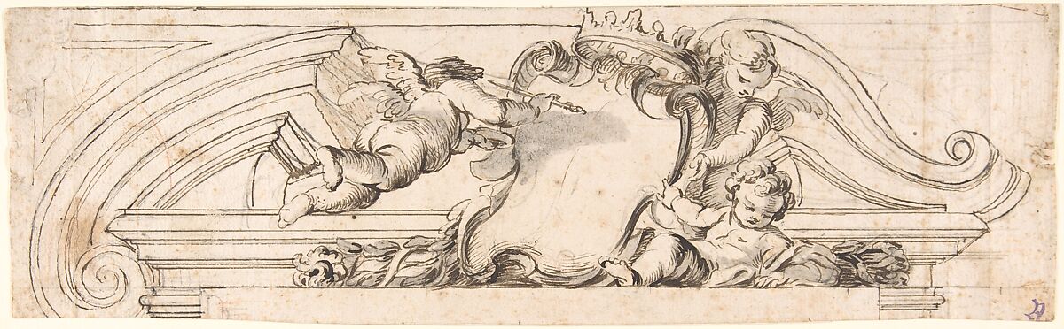 Design for a Pediment with Putti and a Blank Escutcheon, Anonymous, Italian, Piedmontese, 18th century, Pen and brown ink, brush and gray wash, over leadpoint; some lines constructed with a ruler; some traces of red chalk 