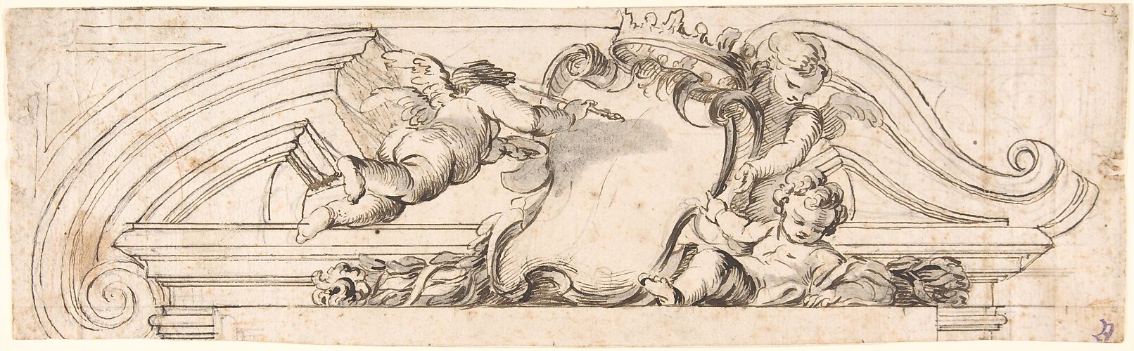 Design for a Pediment with Putti and a Blank Escutcheon