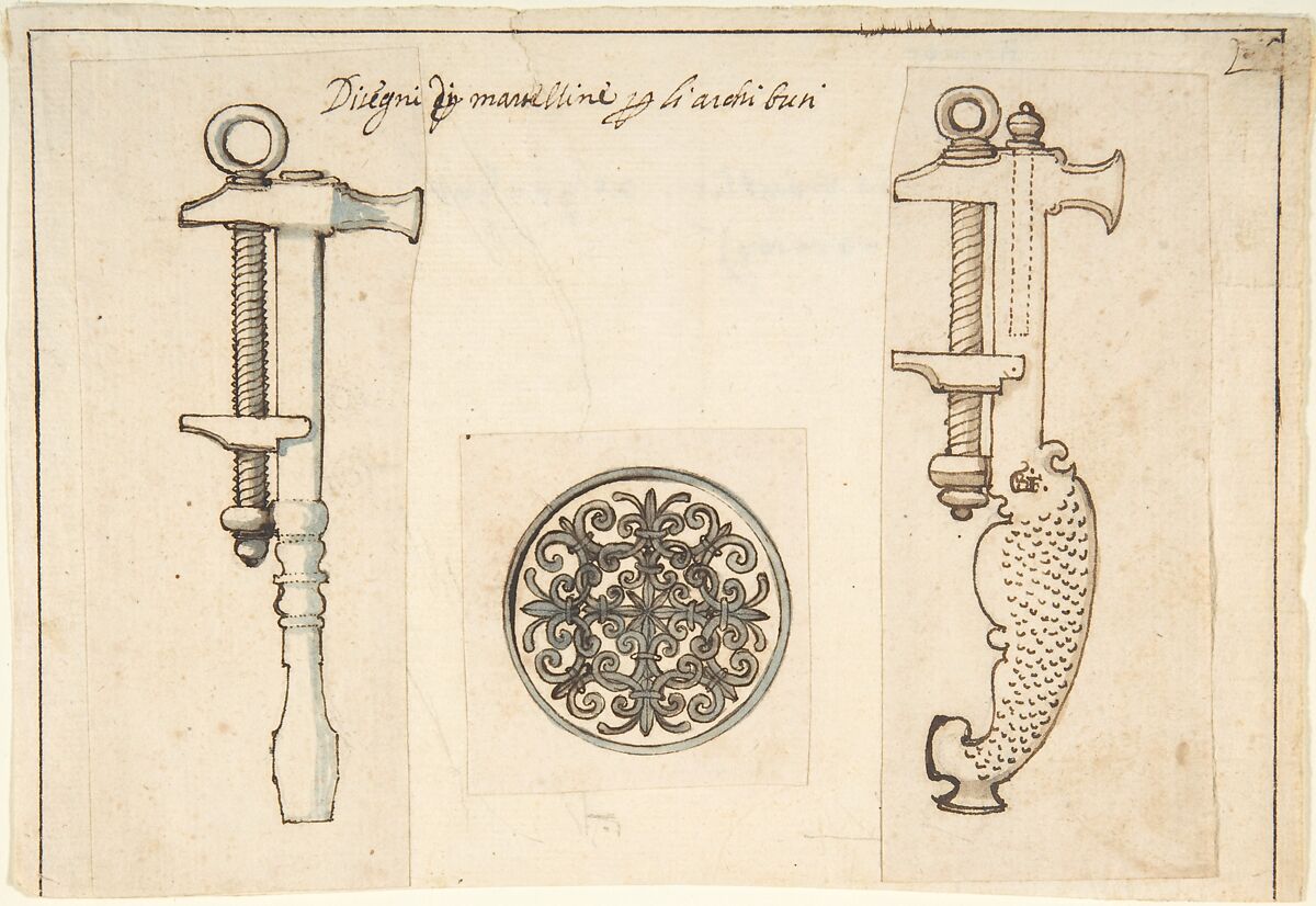 Design for Tools Relating to the Maintenance of Fire Arms, Anonymous, Italian, 16th century, Pen and brown ink, brush with brown and gray wash; framing line in pen and brown ink; maximum sheet comprised of three fragments, possibly cut by the hand that drew the designs. 
