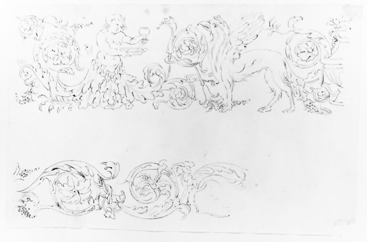 Designs for Decorative Borders with Floral Ornamentation and a Putto and Griffin, Anonymous, Italian, 17th century, Pen and gray ink over leadpoint or graphite (?)