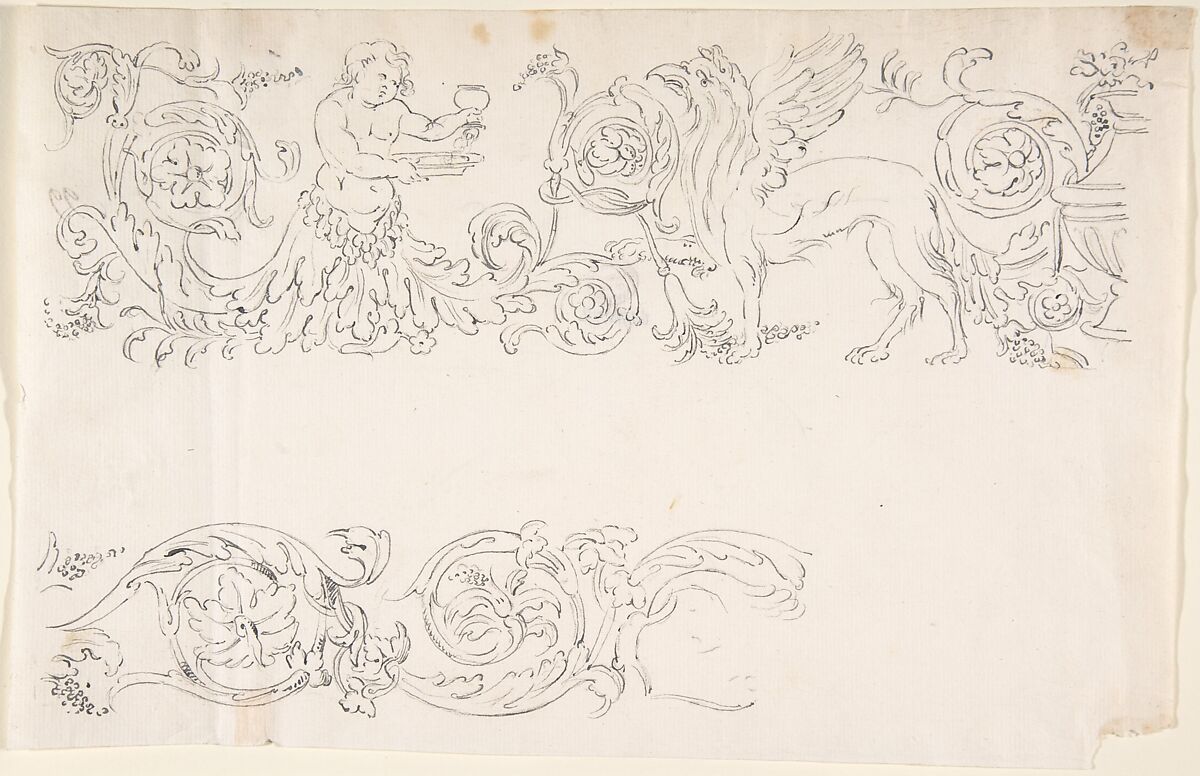 Designs for Decorative Borders with Floral Ornamentation and a Putto and Griffin, Anonymous, Italian, 17th century, Pen and gray ink over leadpoint or graphite (?) 