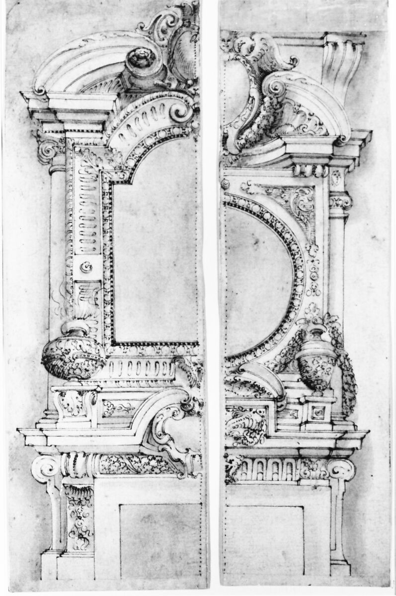 Design for the left half of a chimneypiece, Anonymous, Italian, 17th century, Pen and brown ink, brush and brown wash, over leadpoint