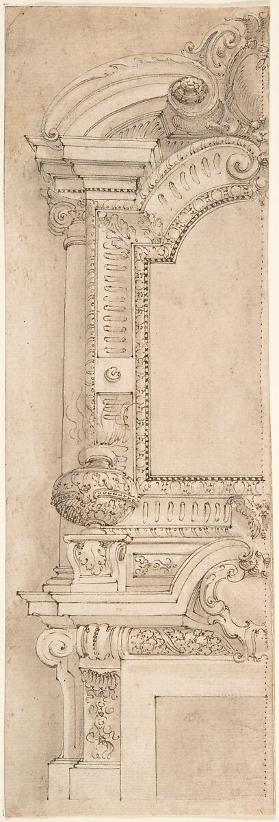Design for the left half of a chimneypiece, Anonymous, Italian, 17th century, Pen and brown ink, brush and brown wash, over leadpoint 