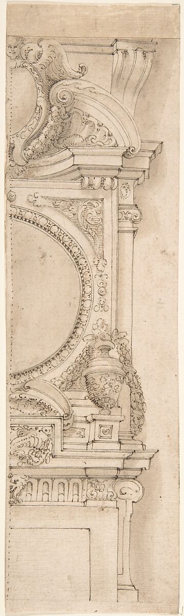 Design for the right half of a chimneypiece, Anonymous, Italian, 17th century, Pen and brown ink, brush and brown wash, over leadpoint 
