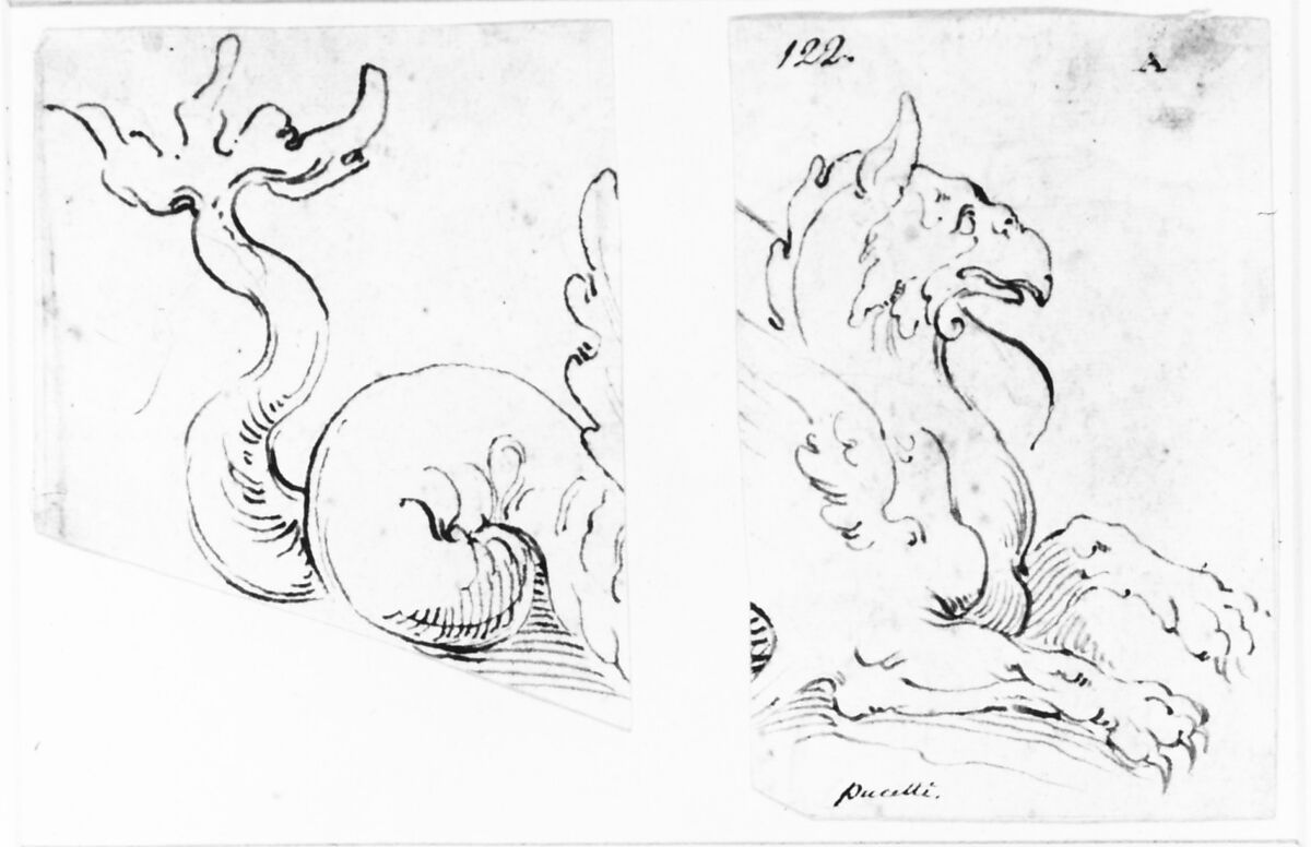 Sea Monster (in two fragments), Ascribed to Bernardino Poccetti (Italian, San Marino di Valdelsa 1548–1612 Florence), Pen and brown ink