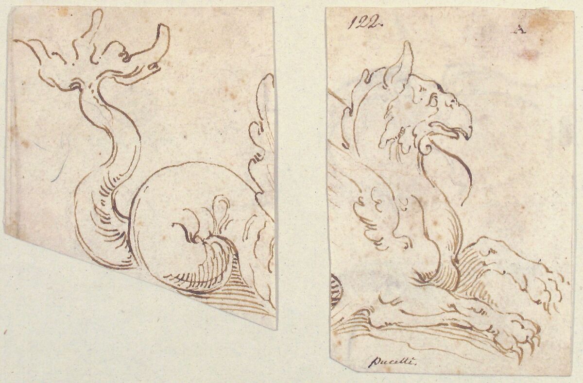Sea Monster (in two fragments), Ascribed to Bernardino Poccetti (Italian, San Marino di Valdelsa 1548–1612 Florence), Pen and brown ink