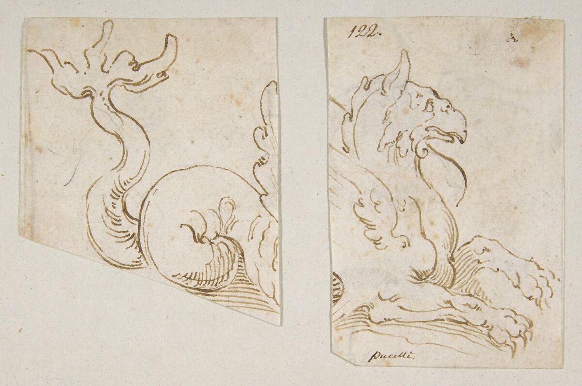 Sea Monster (in two fragments), Ascribed to Bernardino Poccetti (Italian, San Marino di Valdelsa 1548–1612 Florence), Pen and brown ink. 