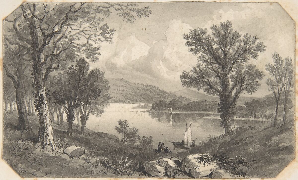 View of a lake or river with a sailboat, David Octavius Hill (British, Perth, Scotland 1802–1870 Edinburgh, Scotland), Pen and black ink, brush and wash, over graphite 